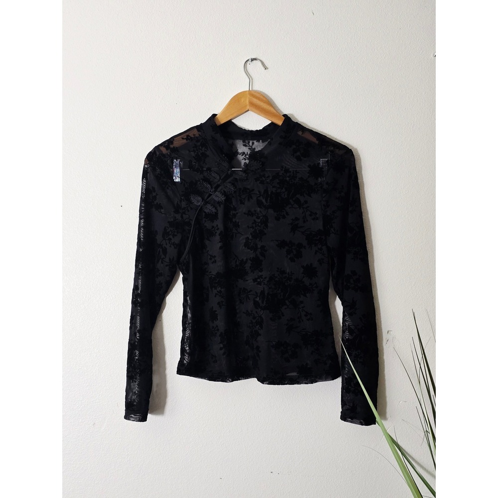 Shein Curve Mandarin Collar Top Womens 0XL Black Y2K Floral Velvet Burnout‎ Mesh